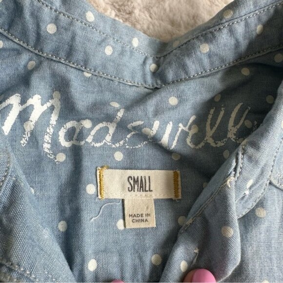 Madewell | Blue & White Polka-dot Chambray Button-Down Blouse | Size Small - Picture 9 of 12